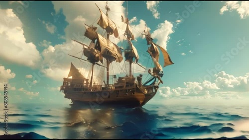 pirate ship at sea during the day, slow motion animation photo