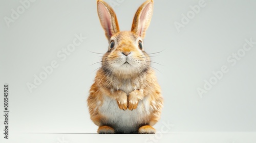 Generate a photo of a cute bunny looking at the camera with a curious expression on its face. The bunny should be sitting on a white background and have realistic fur and details.