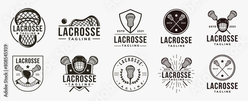 Set of Vintage seal badge lacrosse sport logo with lacrosse equipment vector icon on white background