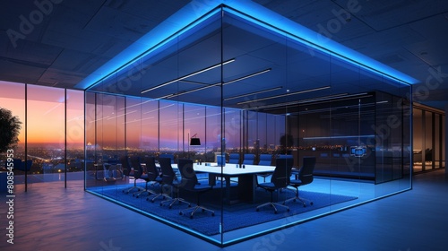 High-resolution 3D rendering of a networked meeting room with smart glass walls that tint for privacy and lighting that automatically adjusts to occupancy. photo