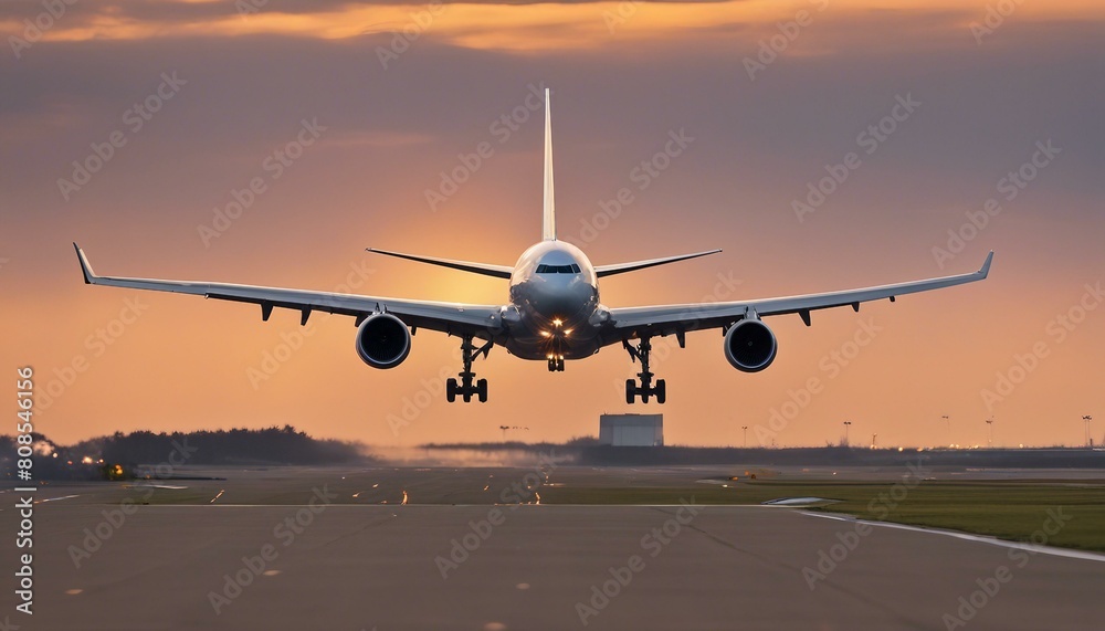 Jetliner Takes Off from the Airport Runway Against the Backdrop of a Stunning Sunrise or Dawn Sky. Landing Gear Down in Preparation for Takeoff, Embarking on a New Journey into the Daylight.

