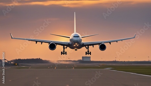 Jetliner Takes Off from the Airport Runway Against the Backdrop of a Stunning Sunrise or Dawn Sky. Landing Gear Down in Preparation for Takeoff, Embarking on a New Journey into the Daylight. 