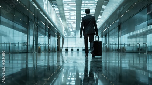 A businessman in a suit walking through an airport terminal with a rolling suitcase. 
