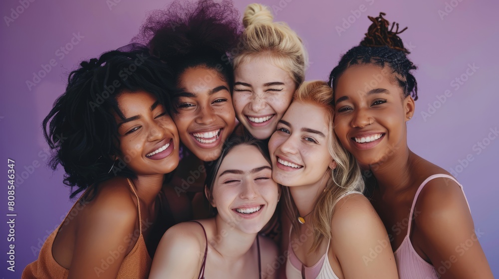 Fototapeta premium A group of diverse, multi-racial and multi-ethnic female colleagues smiling for Women's Equality Day photo shoot, International Women's Day photo shoot