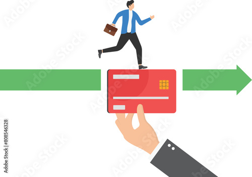 Big hand with credit card helping entrepreneurs to achieve goal-Financial support concept.

