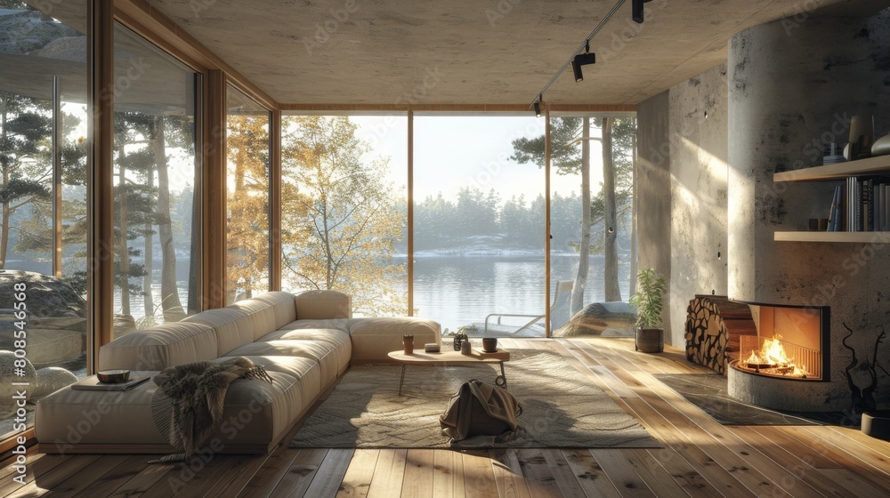 High-resolution 3D rendering of a modern living room with a ceramic fireplace, wooden floors, and Scandinavian aesthetics in a sunlit setting.