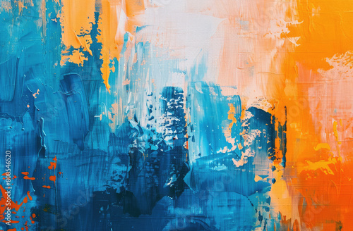 Abstract expressionist wall art featuring vibrant color splashes of cerulean blue and sunset orange on a large canvas for modern home decor