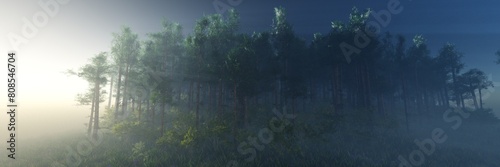 Forest in the morning in a fog in the sun  trees in a haze of light  glowing fog among the trees  3D rendering