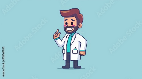 famous doctor presenting something with his hand flat vector illustration on light blue background, detailed character illustrations.