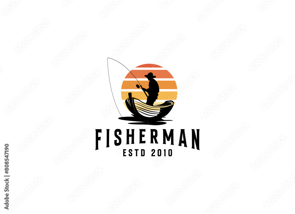 Fisherman, fishing icon logo vector design template.