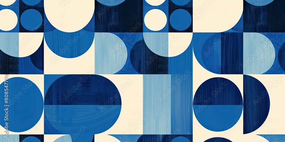 vector graphic of large blue circles and squares in mid century style, white background, simple design, block print vector graphic of large blue circles and squares in mid century style, white background, simple design, block print