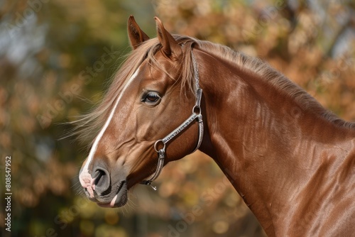 Watchful Tennessee Walking Horse in a Field of Flowers. Dynamic and Free Spirit of This Brown