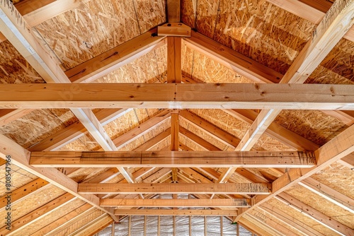 Unfinished Attic Construction: Close-Up on Ceiling Joists, Beams, and Vapor Barrier Film in New