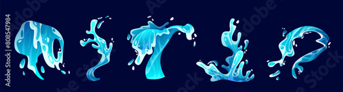 Set of water wave splashes isolated on background. Vector cartoon illustration of blue sea, ocean liquid spill with drops, surfing motion effect, fountain stream, swimming adventure design elements © klyaksun
