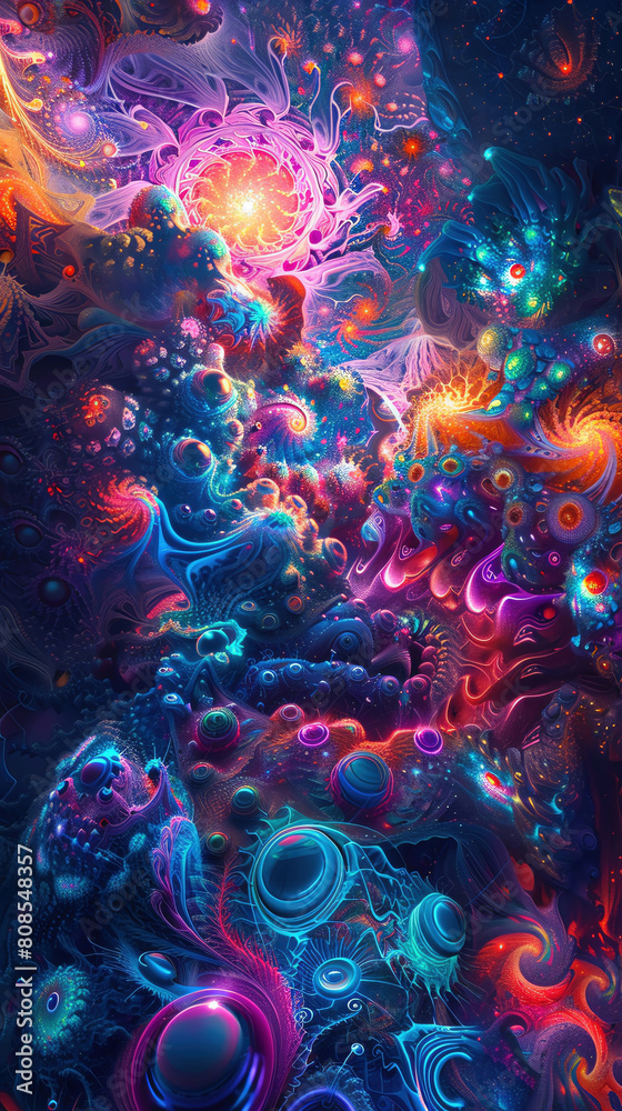 A colorful, abstract painting of a galaxy with a bright yellow sun in the center A colorful, abstract painting of a galaxy with a bright yellow sun in the center