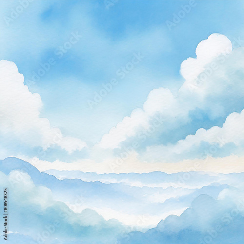 Pastel blue sky with clouds watercolor background