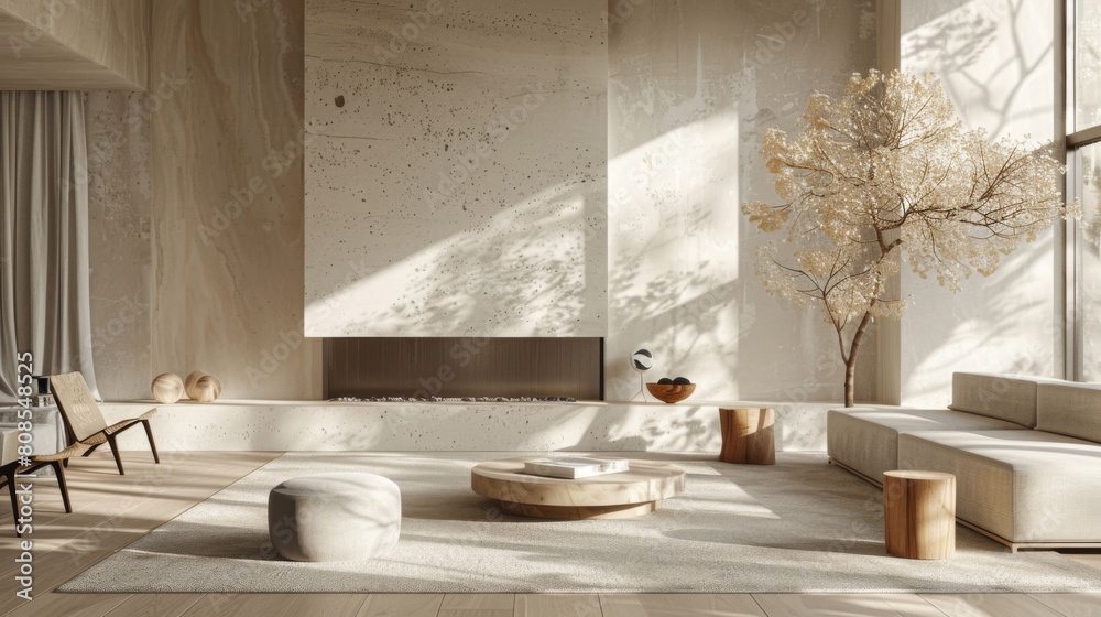 High-resolution 3D rendering of a minimalist living room featuring a white stone fireplace, complemented by Scandinavian furnishings under soft, morning light. High-resolution 3D rendering of a minimalist living room featuring a white stone fireplace, complemented by Scandinavian furnishings under soft, morning light.