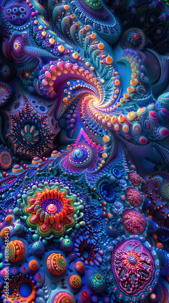 A colorful, abstract painting of a spiral with many different colors and shapes