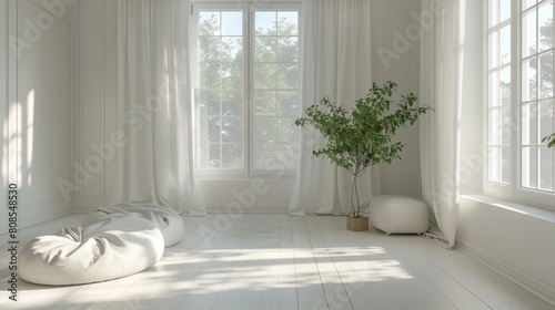 High-resolution 3D rendering of a minimalist living room featuring clean lines  a soft white color palette  and morning sunshine casting gentle shadows.