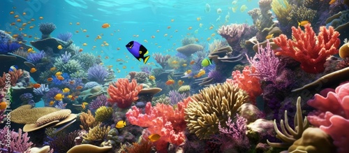View of various types of underwater fish in the tropical blue sea  there are colorful coral reefs