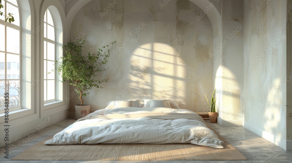 High-resolution 3D rendering of a minimalist bedroom with a soft, muted color palette, receiving ample daylight from strategically placed windows. High-resolution 3D rendering of a minimalist bedroom with a soft, muted color palette, receiving ample daylight from strategically placed windows.