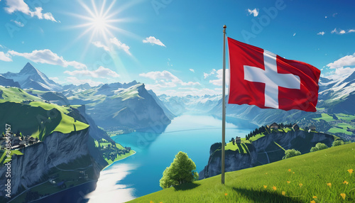 Swiss flag and mountain range on a sunny summer day with blue sky and clouds. Confederation Day is a national holiday in Switzerland photo