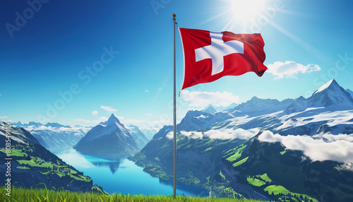 Swiss flag and mountain range on a sunny summer day with blue sky and clouds. Confederation Day is a national holiday in Switzerland