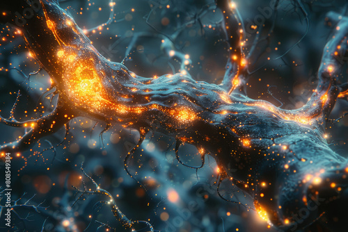 A closeup of an active human brain cell, with glowing neurons. The background is dark and blurry. Created with Ai