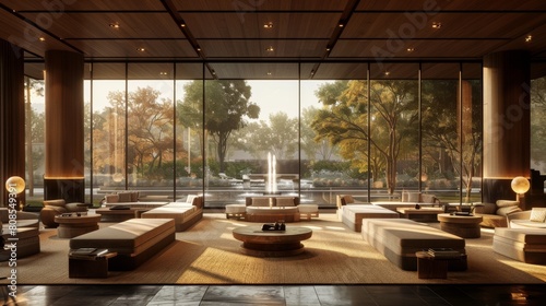 High-resolution 3D rendering of a luxury meeting room with plush seating  artistic light fixtures  and floor-to-ceiling windows that overlook a serene garden.