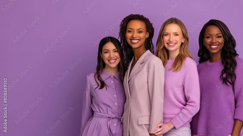 A group of diverse, multi-racial and multi-ethnic female colleagues smiling for Women's Equality Day photo shoot, International Women's Day photo shoot A group of diverse, multi-racial and multi-ethnic female colleagues smiling for Women's Equality Day photo shoot, International Women's Day photo shoot