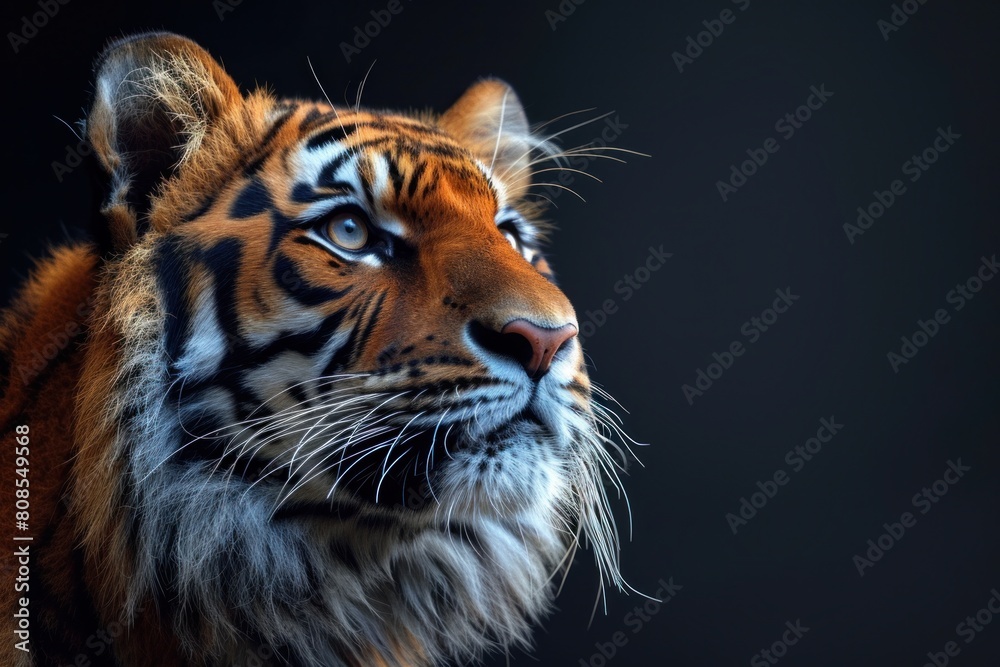 Obraz premium Close up portrait of tiger on black background. Generative AI