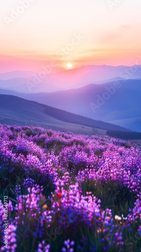 Majestic Sunset Over Blooming Purple Flowers Valley and Distant Mountain Range