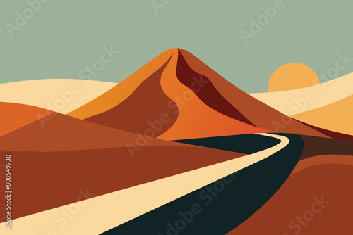 Abstract landscape on warm background. Mountain and road wallpaper in minimal style design with earth tone and summer color. For prints  interiors  wall art  decoration  covers