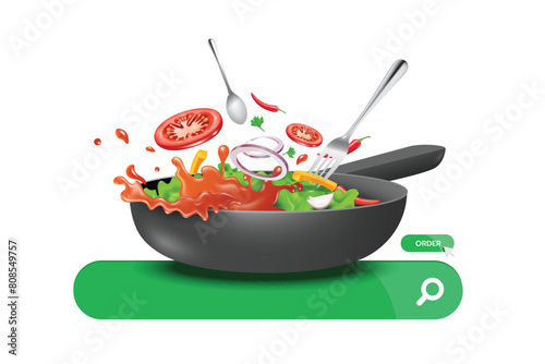 Food delivery concept ,stir-fry food or cook mix of vegetables with spoon and fork in matte black skillet with handle they're all on search tab and have an order button on the side, vector 3d isolated