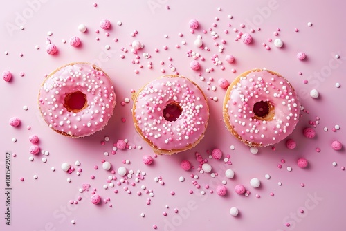 Pink Frosted Donuts Sprinkled With White Nonpareils on a Pastel Pink Surface