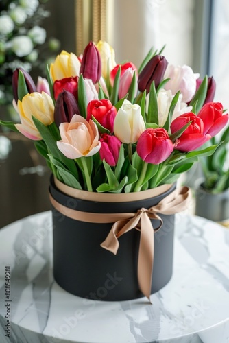 Elegant Bouquet of Pink and Yellow Tulips in a Round Gift Box by a Window