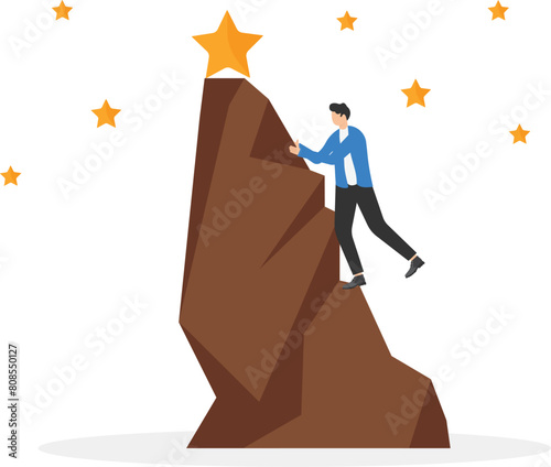 Businessman climbed to the top of the mountain to reach the big star, achieve goals, success, career growth and dreams concept

