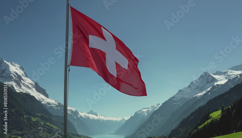 Swiss flag and mountain range on a sunny summer day with blue sky and clouds. Confederation Day is a national holiday in Switzerland