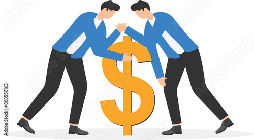 two businessman engaged in an arm wrestle for money with full effort, fight for money, competition concept

