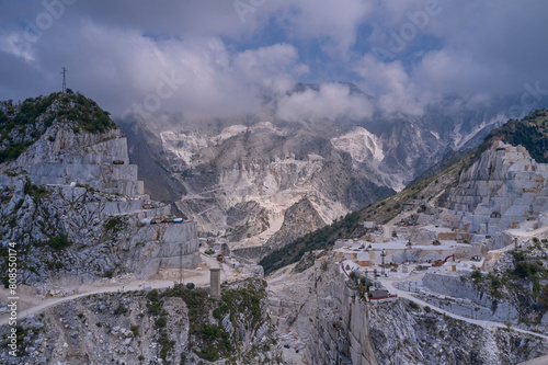 Marble quarry top view. Winding road to the marble quarry. Aerial panorama of marble quarries Carrara Italy. Aerial panorama on the Carrara marble quarry.
