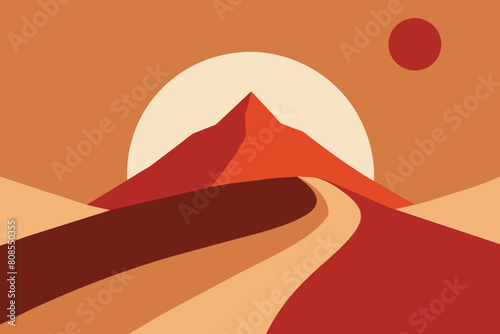 Abstract landscape on warm background. Mountain and road wallpaper in minimal style design with earth tone and summer color. For prints  interiors  wall art  decoration  covers