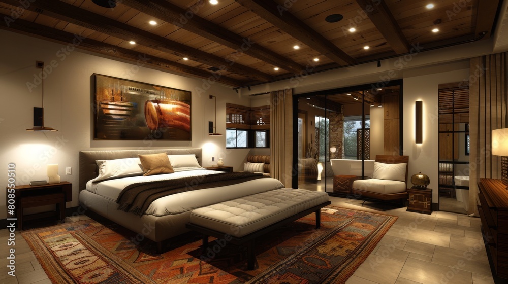 High-resolution 3D rendering of a bedroom with a Bauhaus aesthetic, including a bold metal artwork, wooden ceiling beams, and spotlights that accentuate the architectural features. High-resolution 3D rendering of a bedroom with a Bauhaus aesthetic, including a bold metal artwork, wooden ceiling beams, and spotlights that accentuate the architectural features.