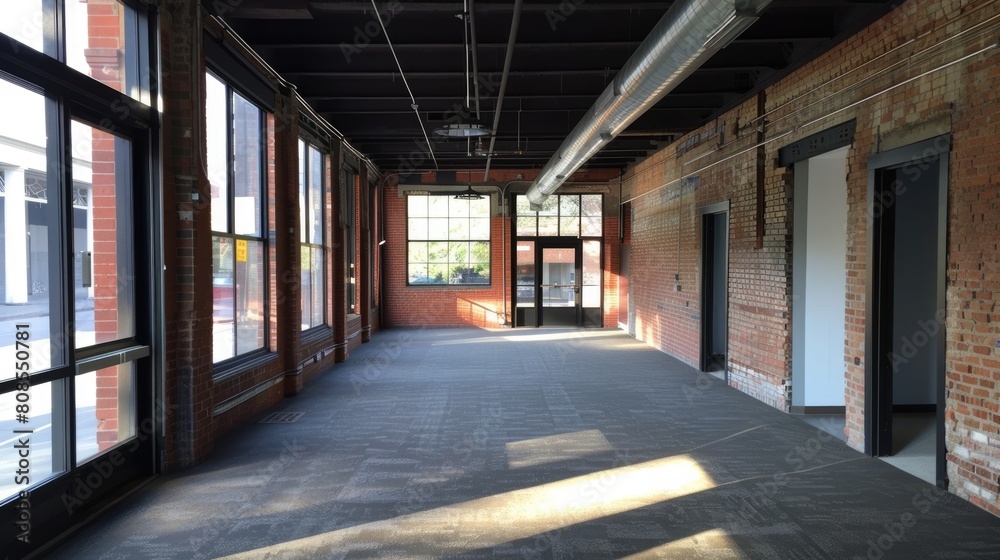 Spacious Office Available for Lease in Downtown Area with Brick Walls and Large Windows