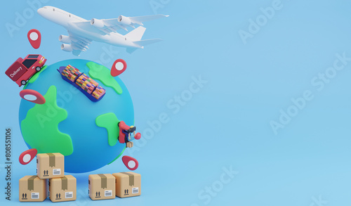 Global logistic system, 3d render logistic and delivery icon concept and copy space on blue background