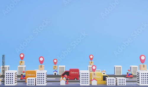 Transportation delivery by van and motorbike , 3d render logistic and delivery icon concept and copy space on blue background