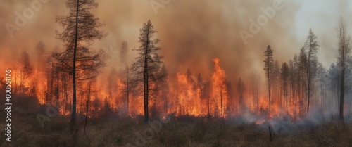 Blaze in the Woods: Forest Fire Rages, Trees Engulfed in Flames as Nature's Fury Unfolds. 