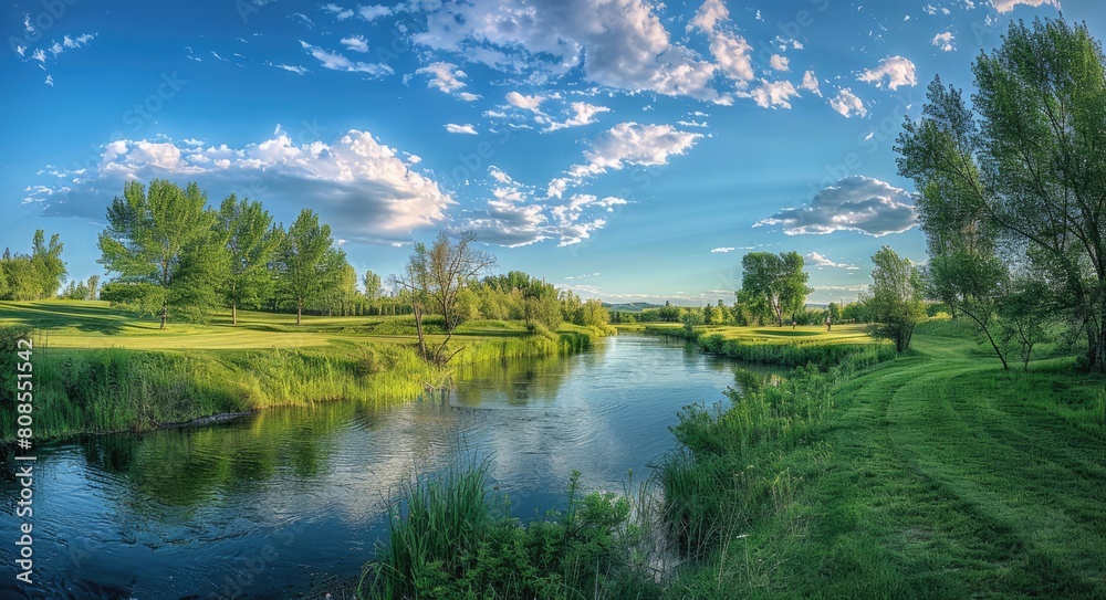 Panoramic View of Summer Golf Course, Eagle amidst Lush Greenery and Scenic Panoramic View of Summer Golf Course, Eagle amidst Lush Greenery and Scenic