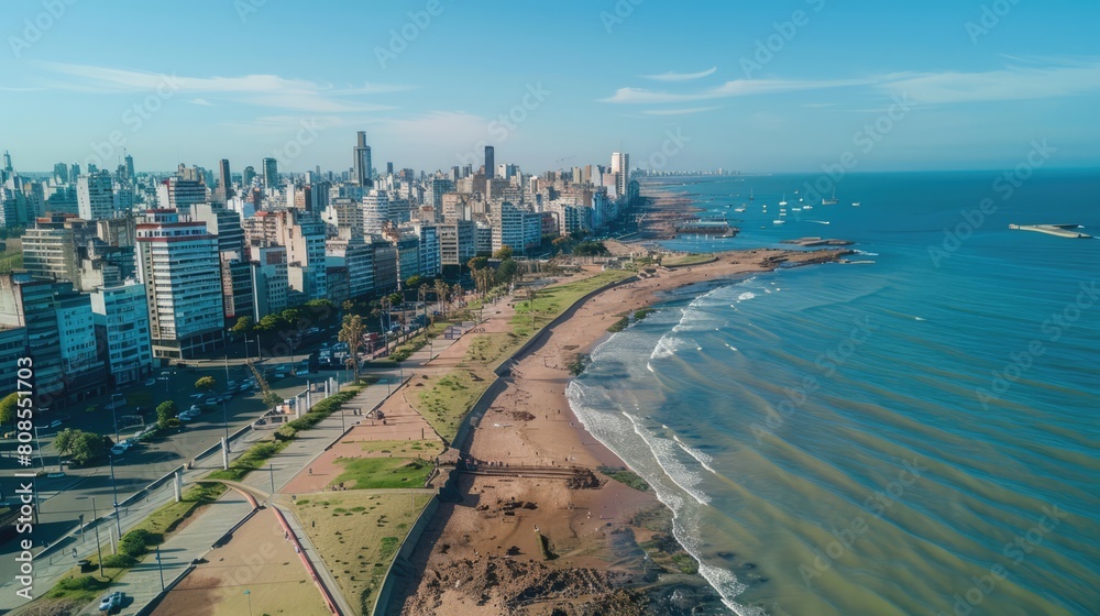 Obraz premium Aerial view, Montevideo, Uruguay --ar 16:9 --style raw Job ID: 54591230-03f3-4d94-ae22-1ae0359772ef
