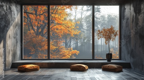 Wallpaper Mural High-resolution 3D image of a minimalist Scandinavian-style room with a black window providing a scenic forest panorama during autumn. Torontodigital.ca