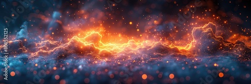 Glowing smoke energy particles background, Digital technology abstract 3d orange-yellow light particles